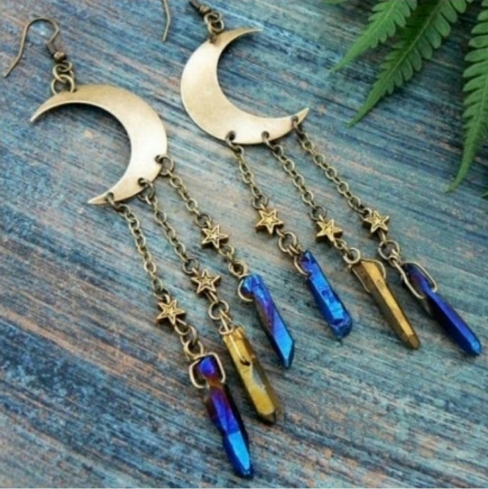 Crescent Moon Stars & Aura Quartz Earrings